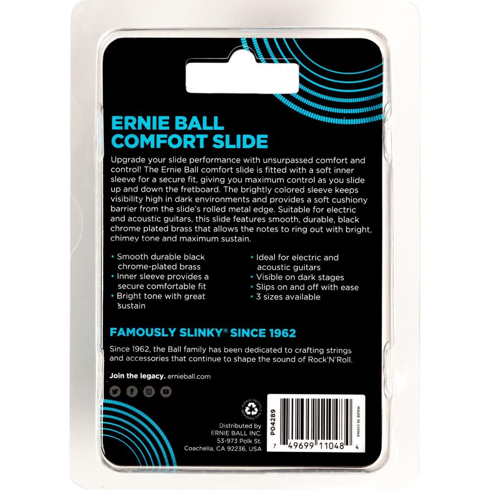 Ernie Ball Comfort Slide Produktverpackung mit Text. Schwarz und Blau.