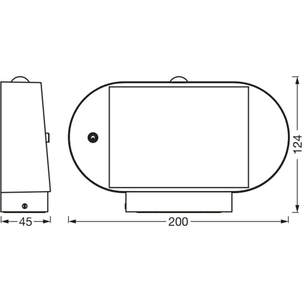 Technische Zeichnung einer ovalen Leuchte mit Maßen 200x124x45mm.