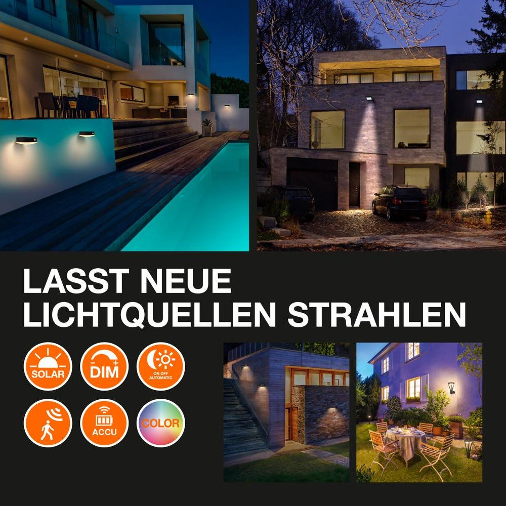 Moderne Häuser mit Außenbeleuchtung, Pool und Icons für Lichtfunktionen.