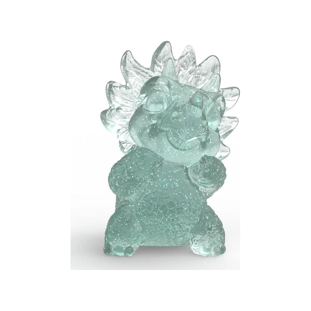 Eine durchsichtige, aquamarinblaue Figur eines Dinosauriers mit einem Kragen und Glitzerpartikeln.