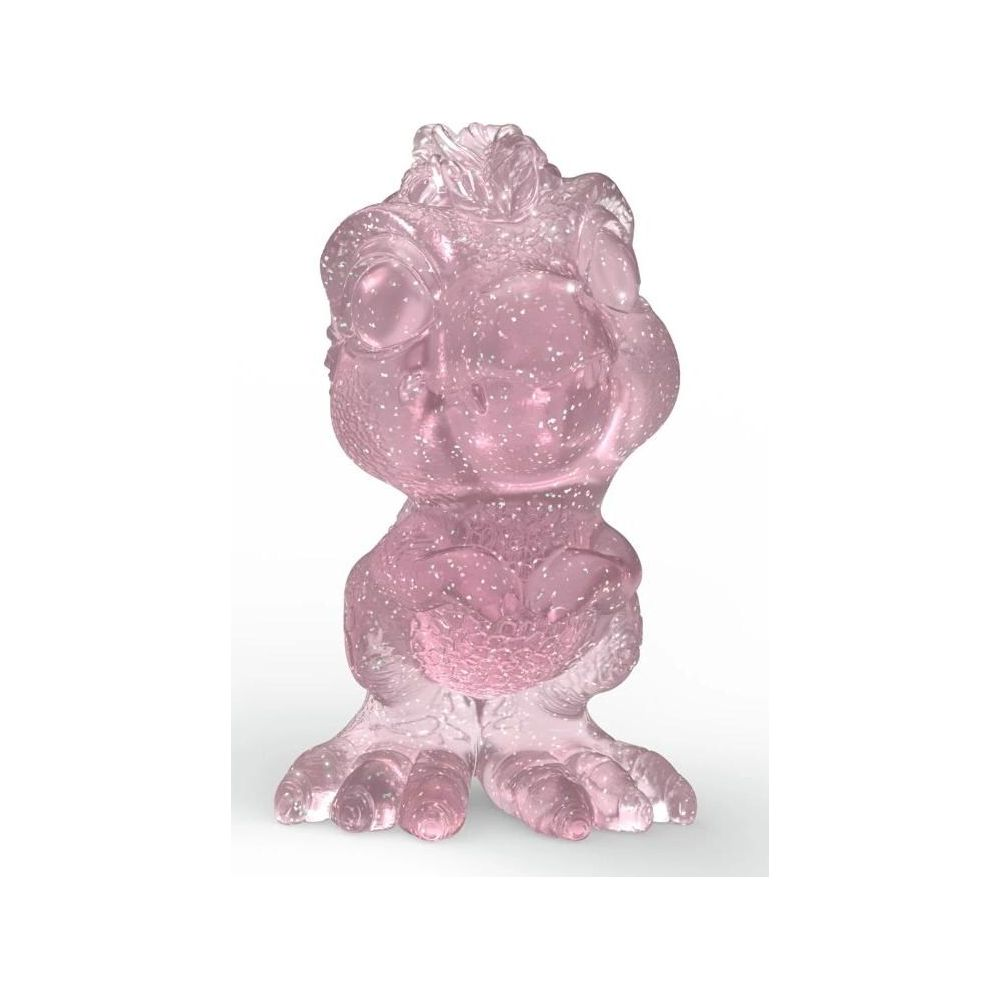 Ein durchsichtiger, rosafarbener Dinosaurier-Figur mit Glitzer.
