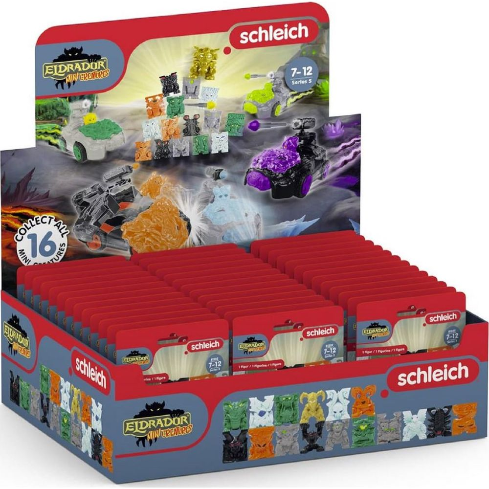 Schleich Eldrador Mini Creatures Spielzeugdisplay mit vielen kleinen Figuren und Fahrzeugen.