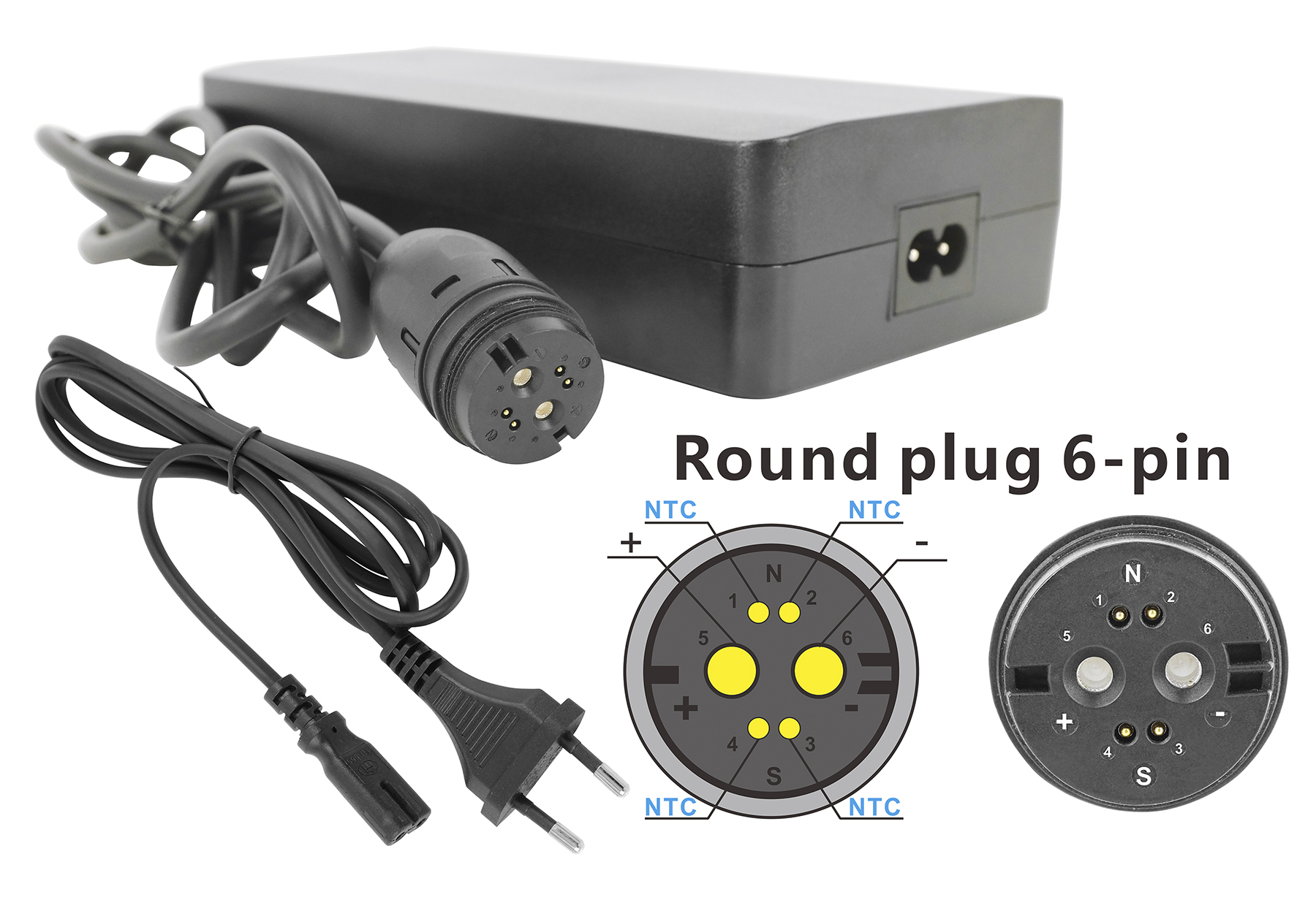 Schwarzes Netzteil mit Kabel und 6-poligem Rundstecker. Schaltplan daneben.
