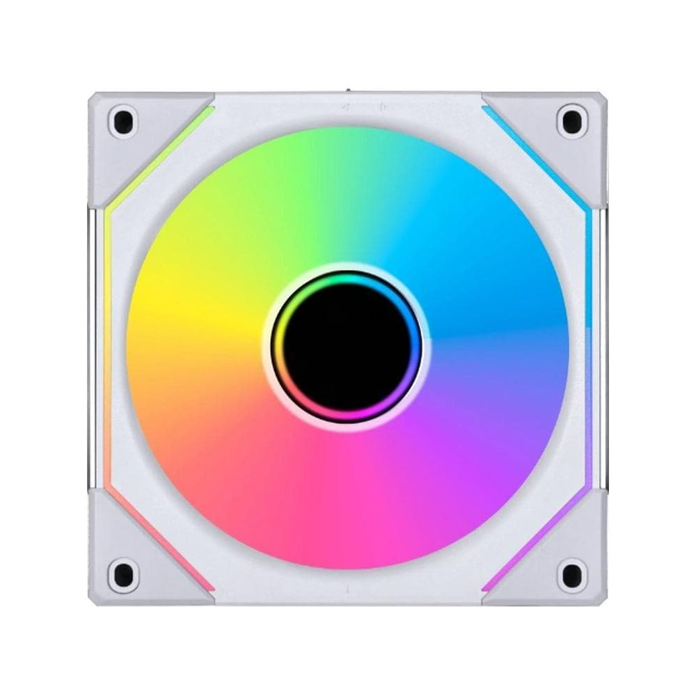 Ventola PC bianca con illuminazione RGB, centrata nell'inquadratura.