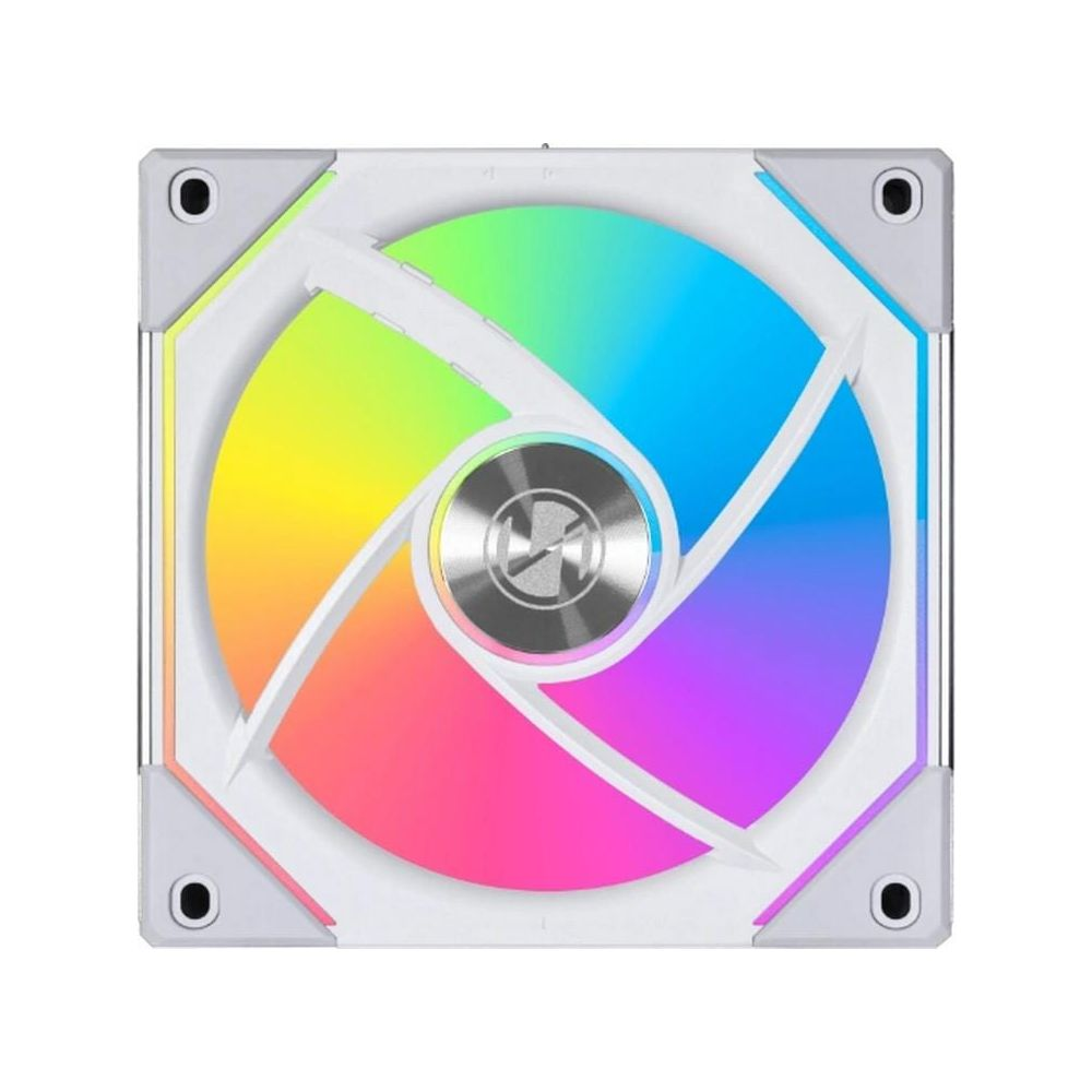 Una ventola per PC bianca con LED RGB colorati al centro.