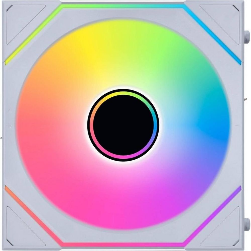 Una ventola bianca con illuminazione RGB che sfuma dal rosa al giallo e blu.