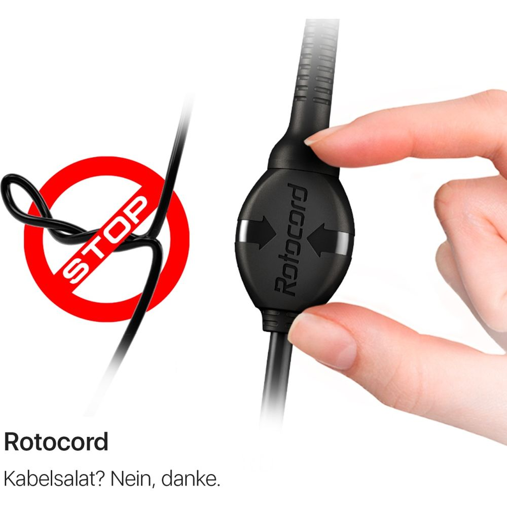 Ein Stoppschild mit einem verdrehten Kabel und einer Hand, die ein Rotocord-Gerät hält.
