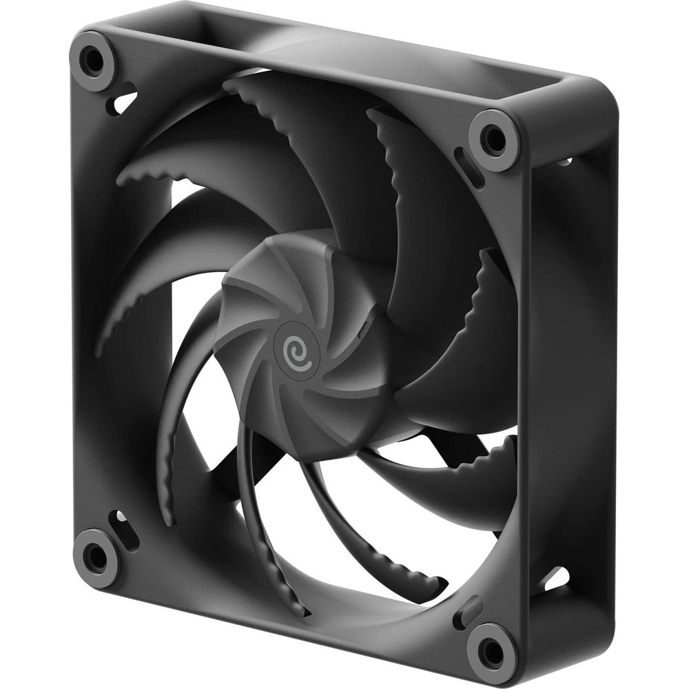 Una ventola per computer nera con un mozzo centrale vorticoso e pale angolate.