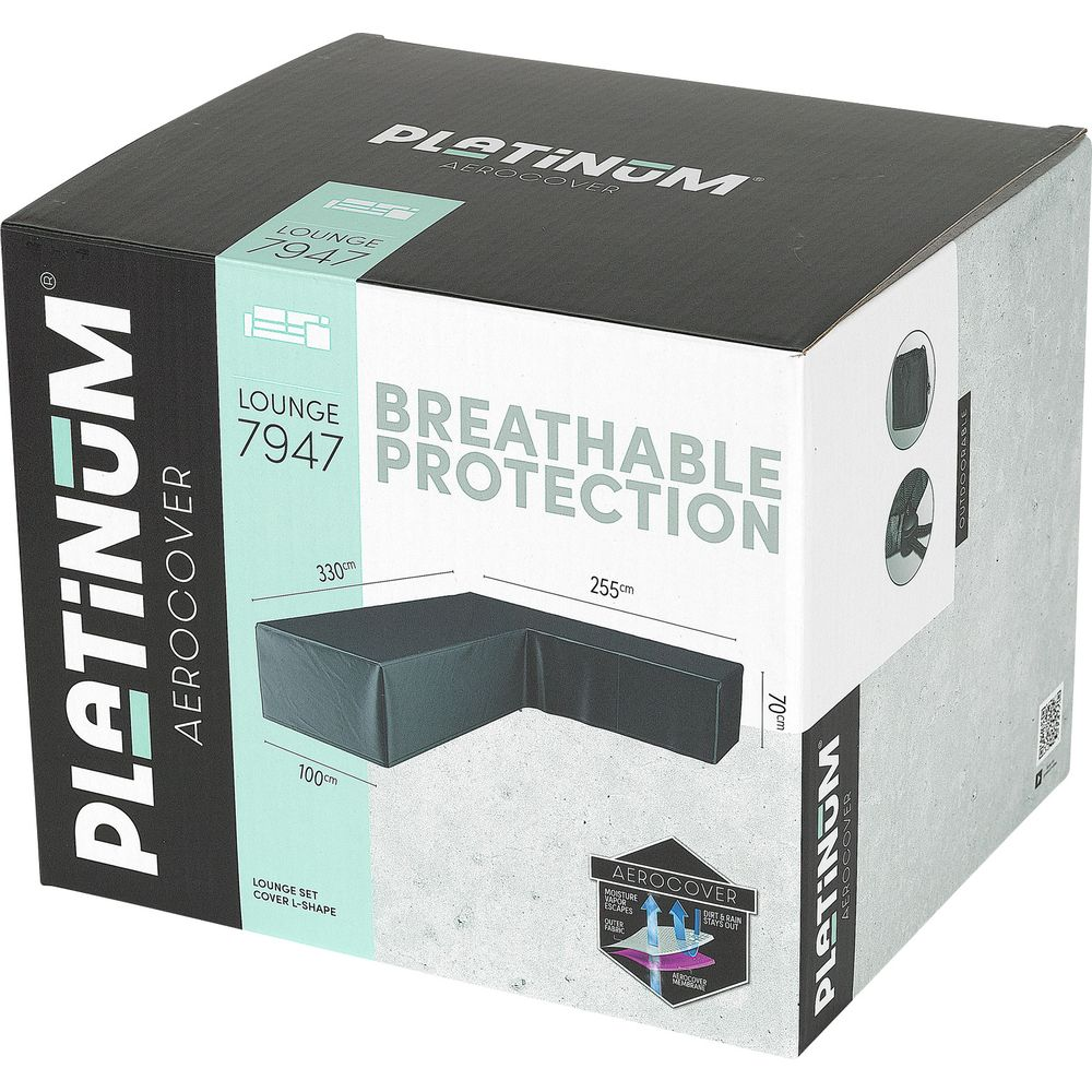 Platinum Aerocover Karton zeigt eine L-förmige Lounge-Abdeckung.