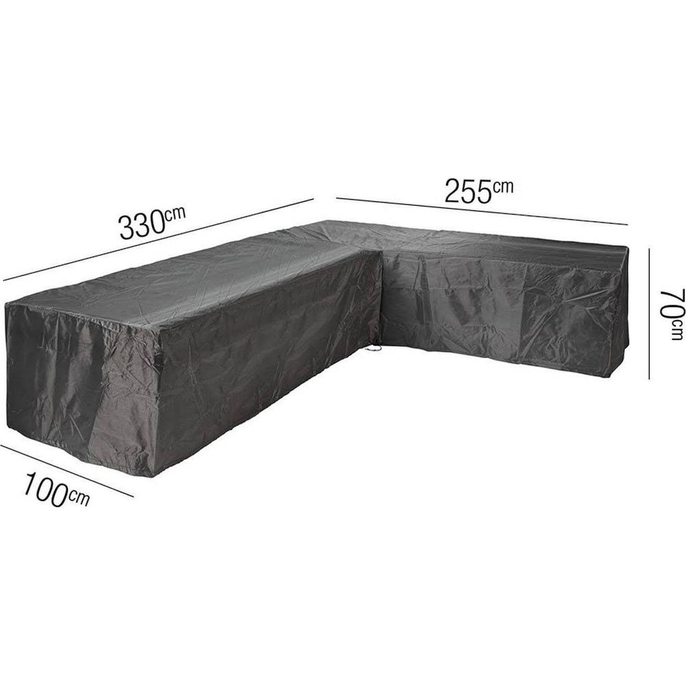 Graue L-förmige Abdeckhaube für Gartenmöbel, Maße 330x255x70cm.