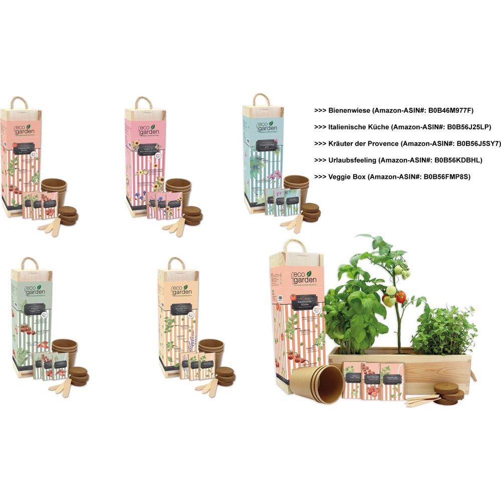 Mehrere Gartensets mit Töpfen und Holzstäbchen auf weißem Hintergrund.