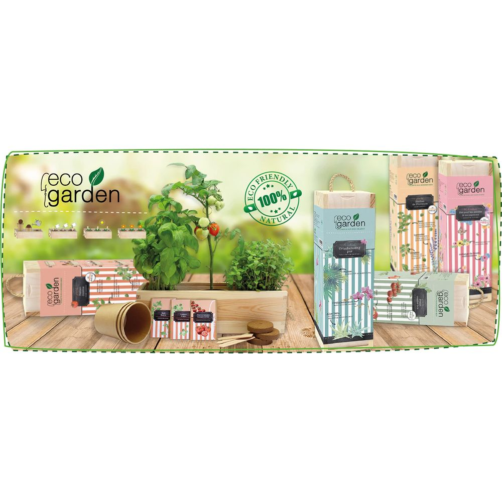 Gartenprodukte: Pflanzen, Töpfe, Samen und Verpackungen auf Holztisch.