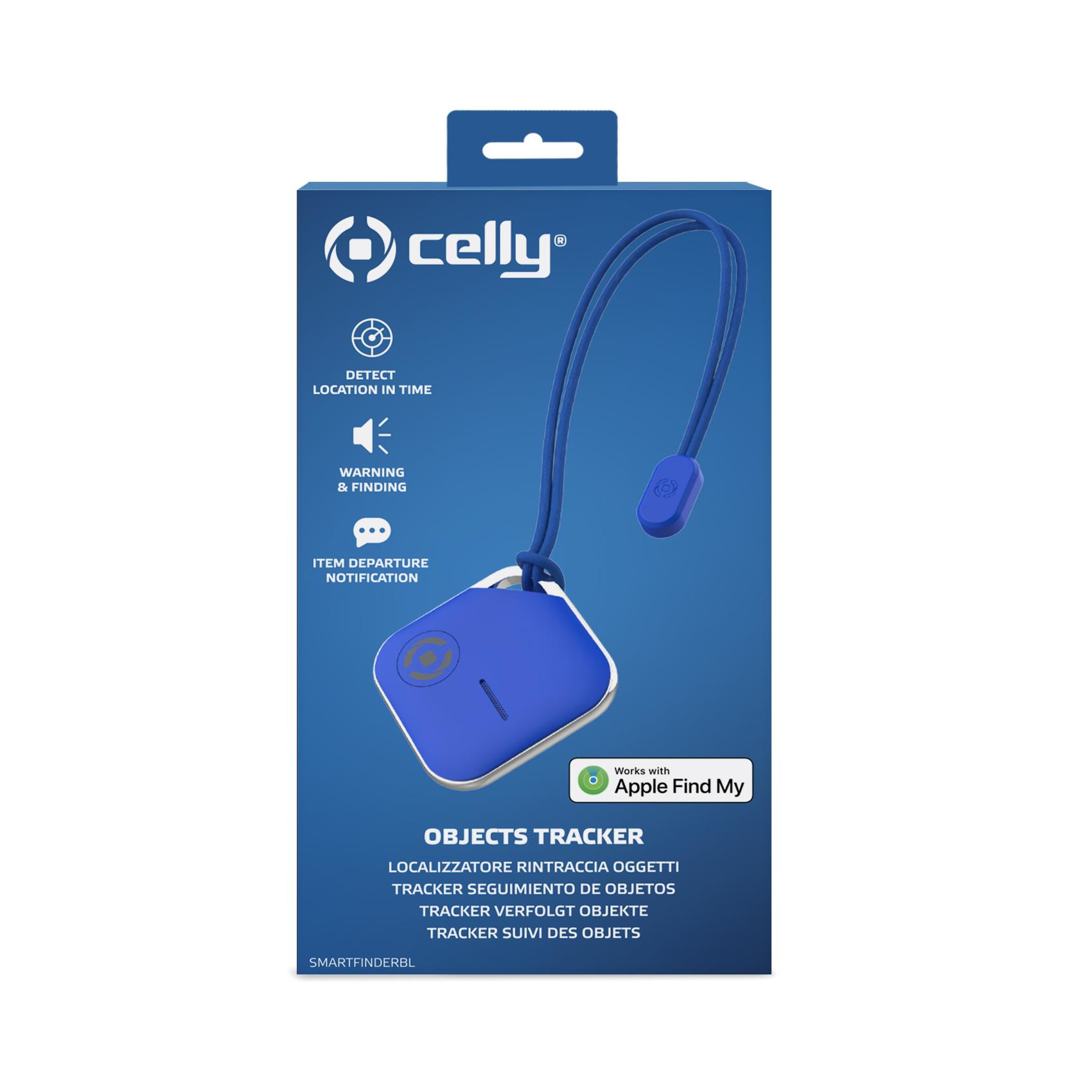 Celly Objekttraacker in blau, der mit Apple Find My funktioniert.