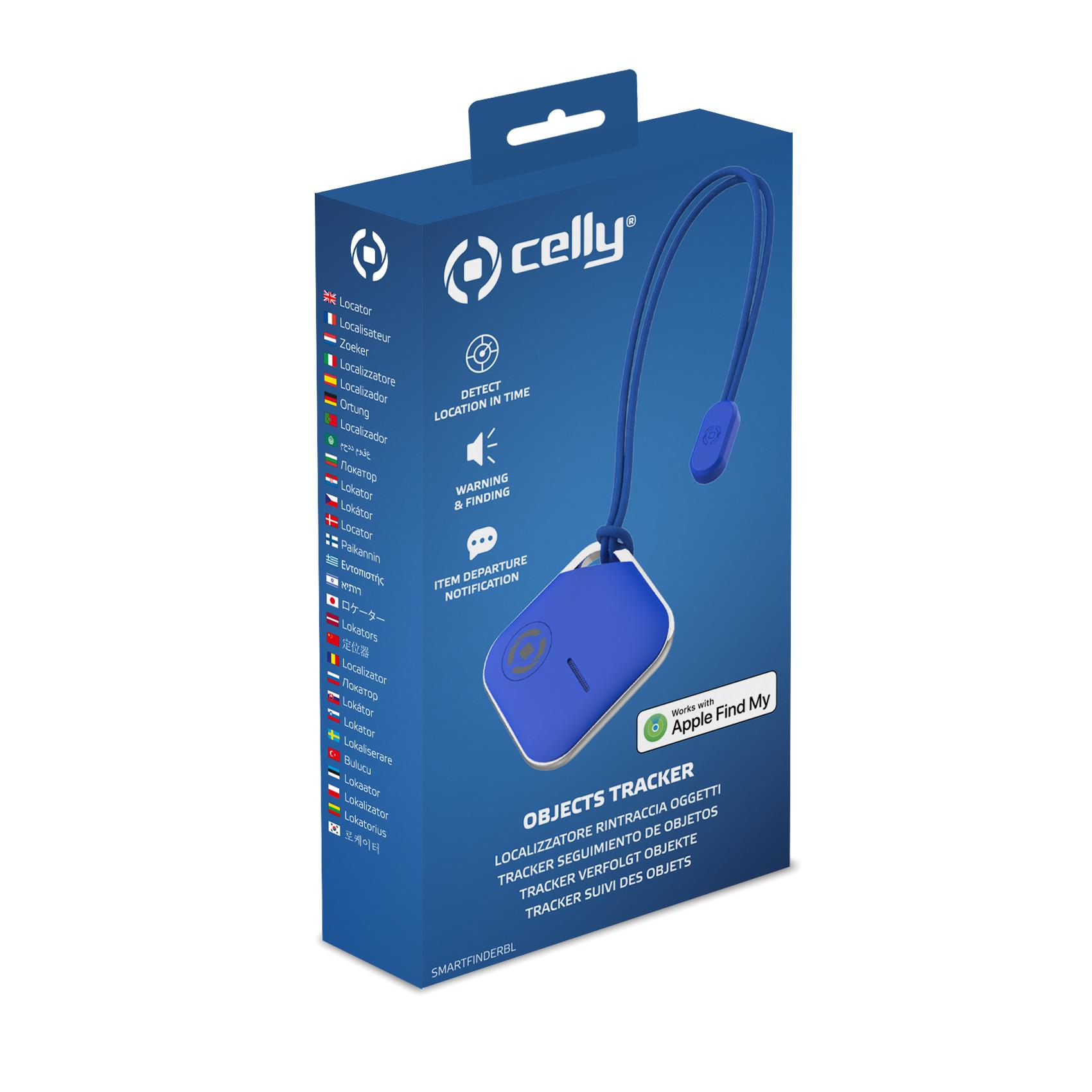 Ein blauer Celly Objects Tracker mit einem Schlüsselanhänger und Text auf der Verpackung.