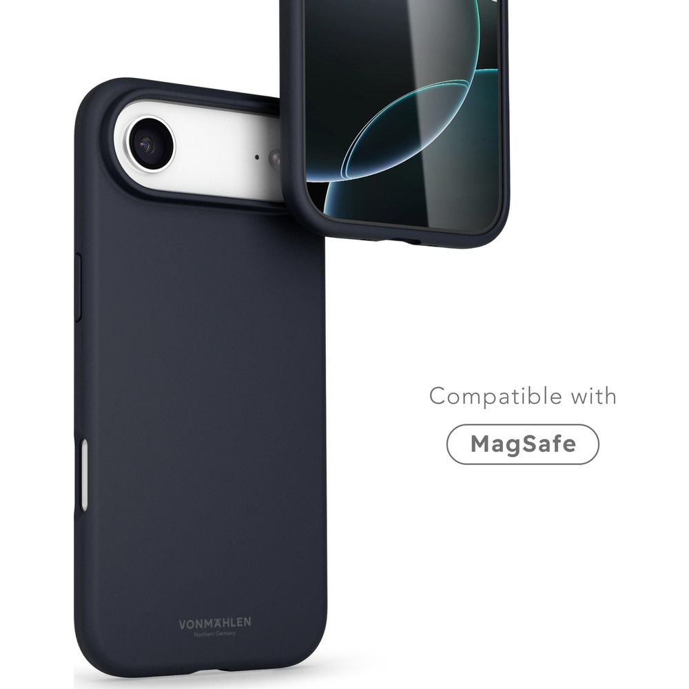 Dunkelblaue Handyhülle mit MagSafe-Kompatibilitätsanzeige.