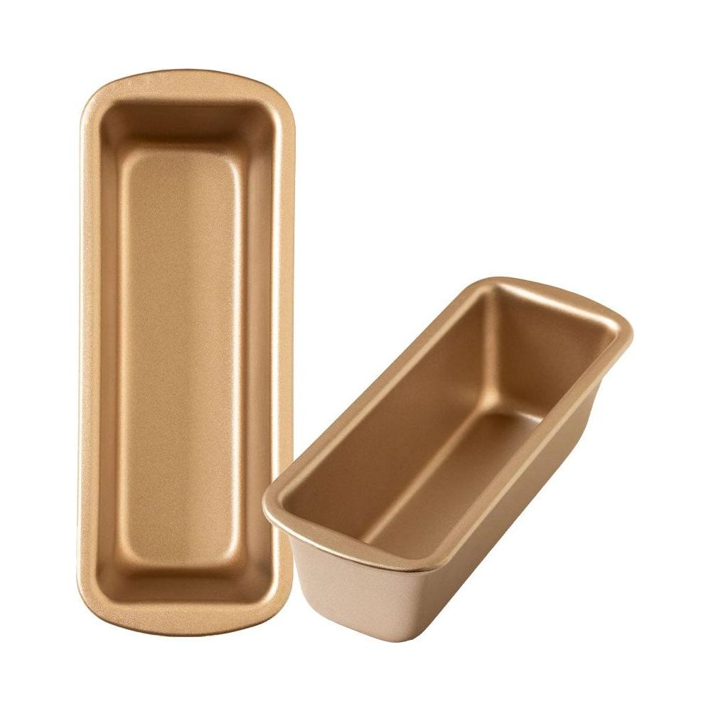 Zwei goldene Kastenformen für Brot oder Kuchen auf weißem Hintergrund.