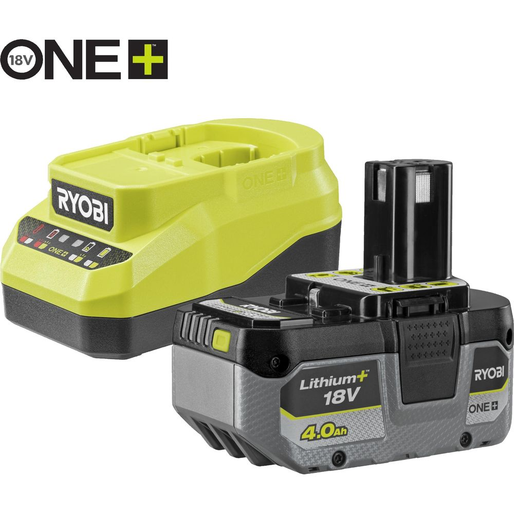 Due batterie Ryobi 18V agli ioni di litio, un caricabatterie giallo e una batteria grigia da 4,0 Ah.