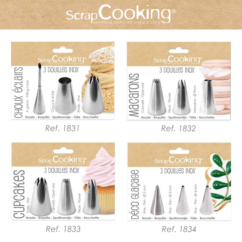 Vier Packungen mit Spritztüllen von Scrap Cooking für verschiedene Backwaren.