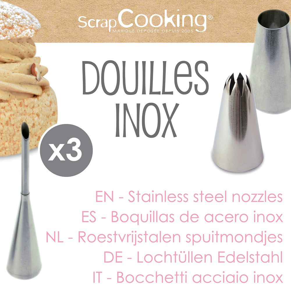 Drei Edelstahl-Spritzbeutel-Tüllen mit dem Scrap Cooking Logo.