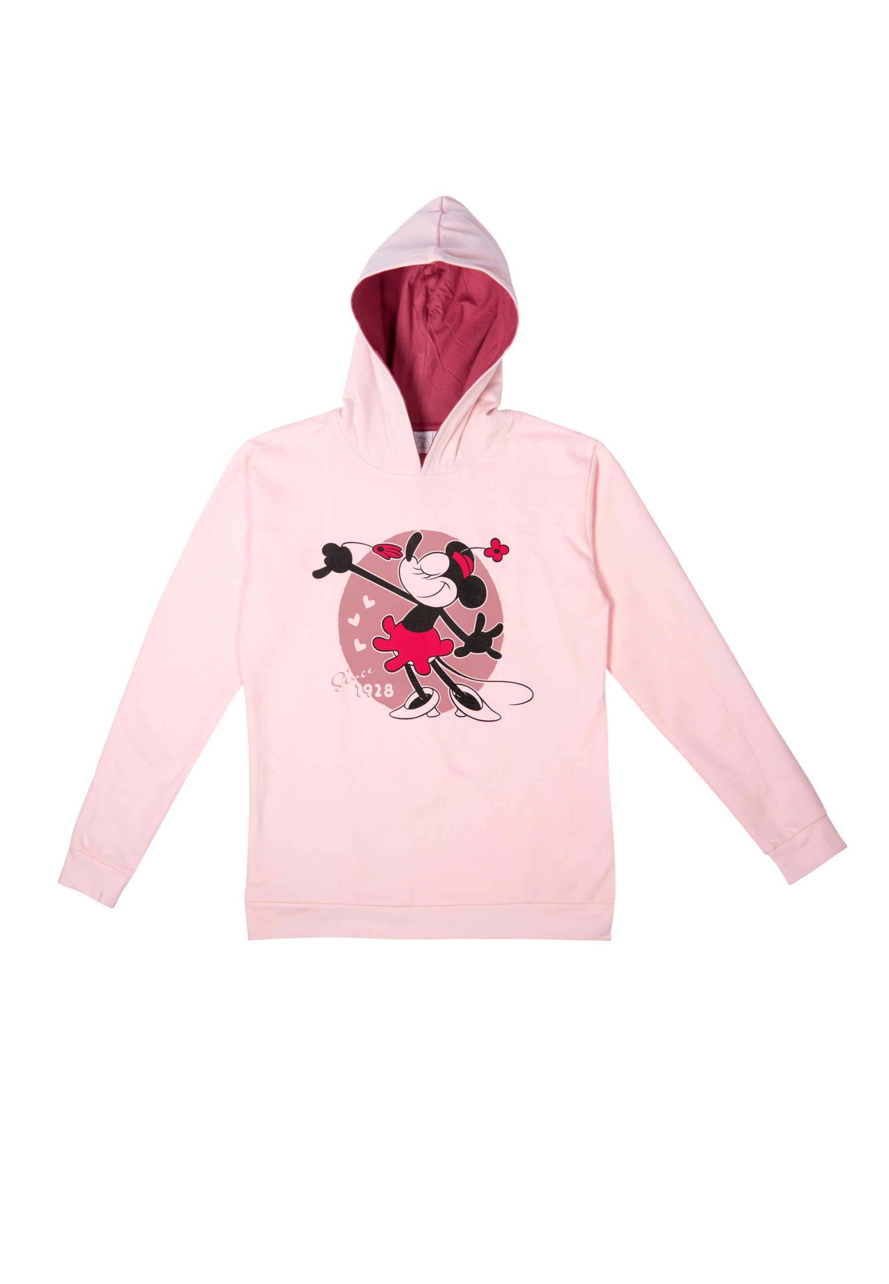 Ein hellrosa Kapuzenpullover mit Minnie Maus Aufdruck und bordeauxroter Kapuzeninnenseite.