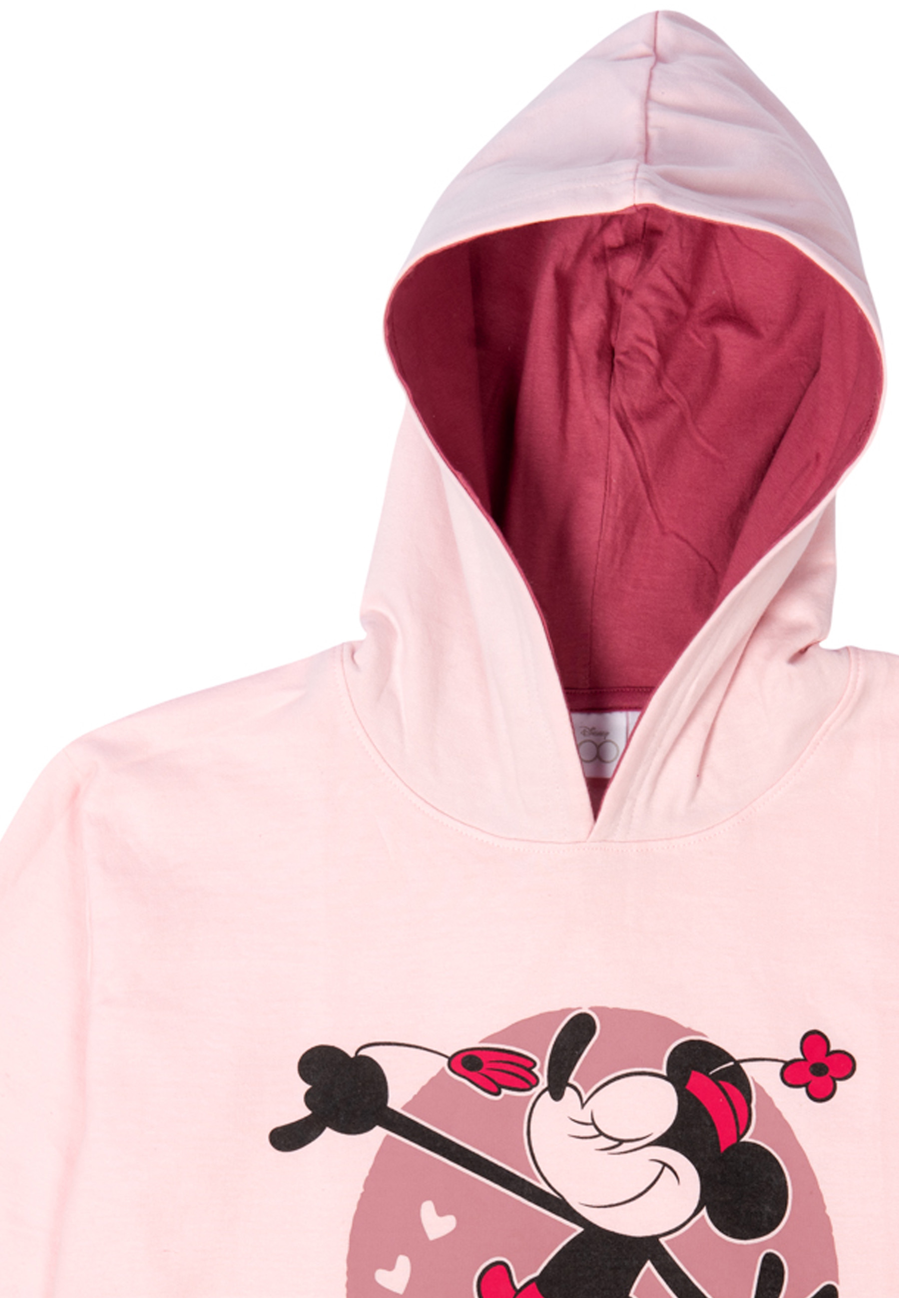 Ein rosa Hoodie mit Minnie Maus Aufdruck. Innen ist er bordeauxrot.