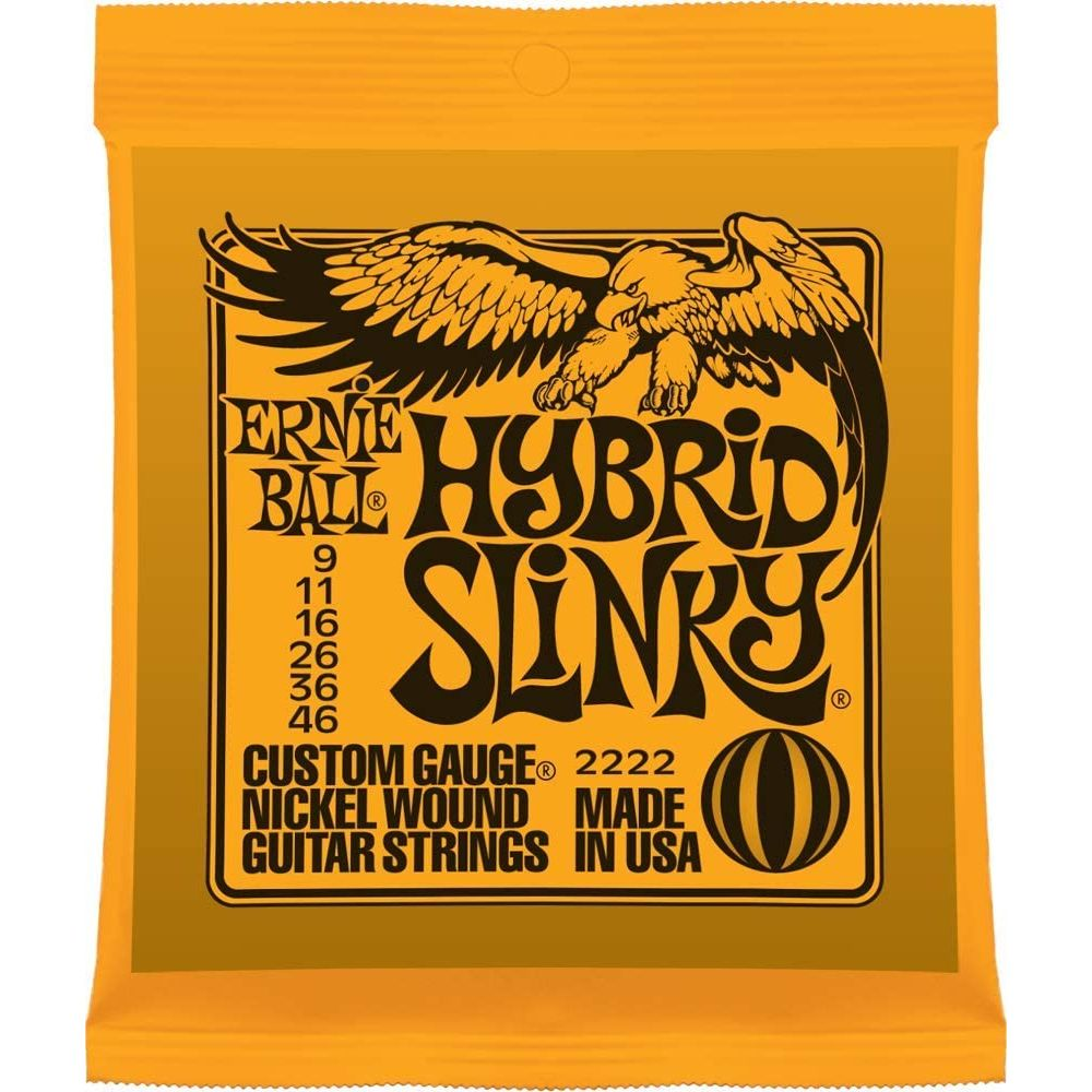 Orange Ernie Ball Hybrid Slinky Gitarrensaitenverpackung mit Adlergrafik u. Größen.