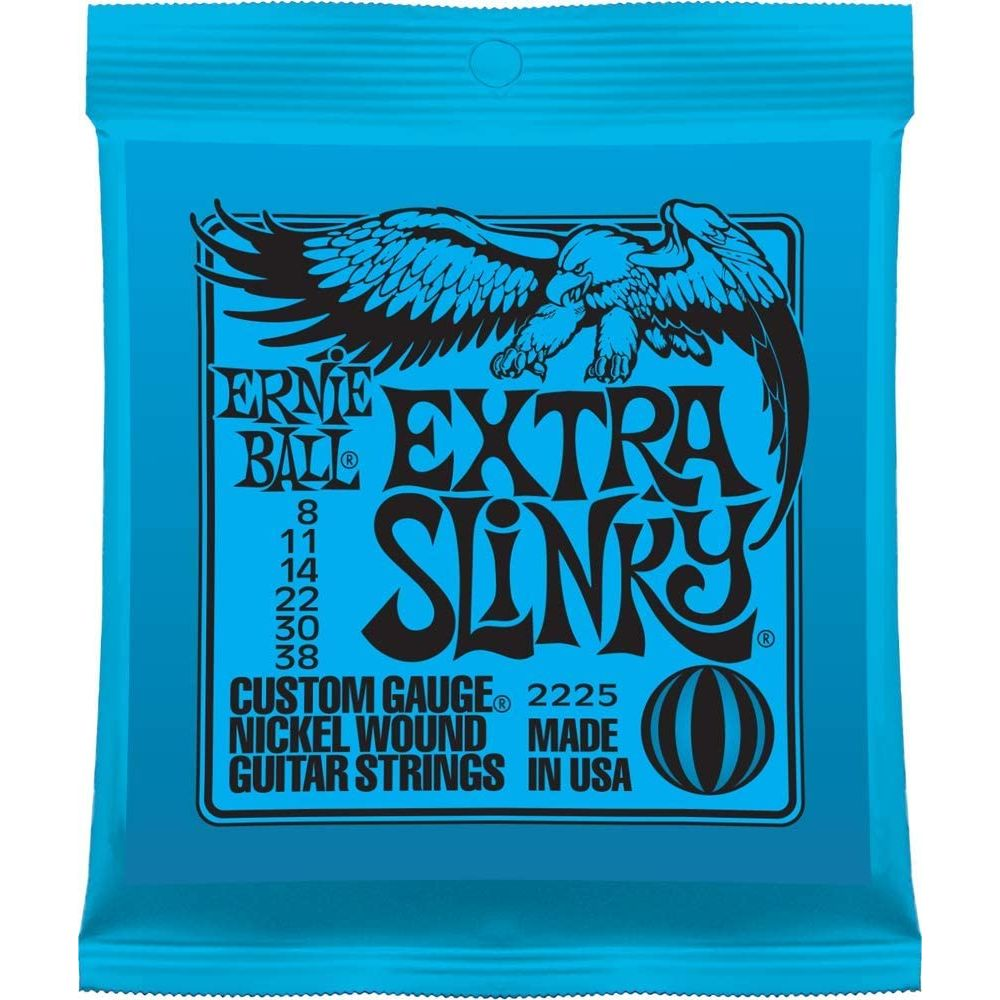 Ernie Ball Extra Slinky Gitarrensaiten, blau, mit Adler-Logo.