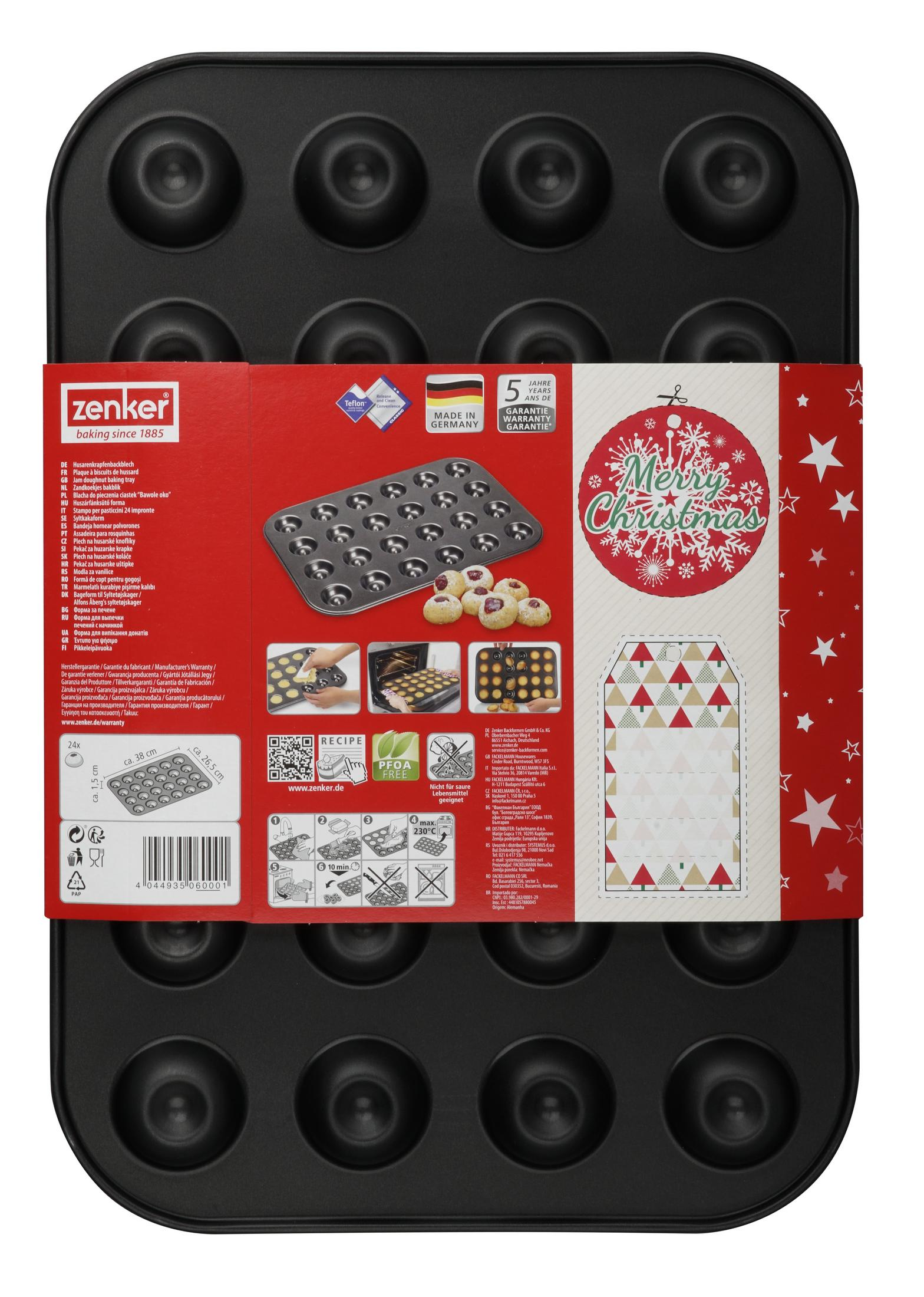 Schwarze Gugelhupfform von Zenker mit 24 Mulden, mit Weihnachtsmotiv.