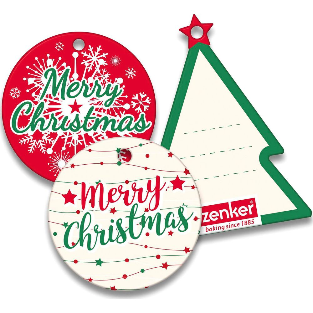 Drei Weihnachtsanhänger: rund mit Schneeflocken, rund mit Sternen, und ein Baum.