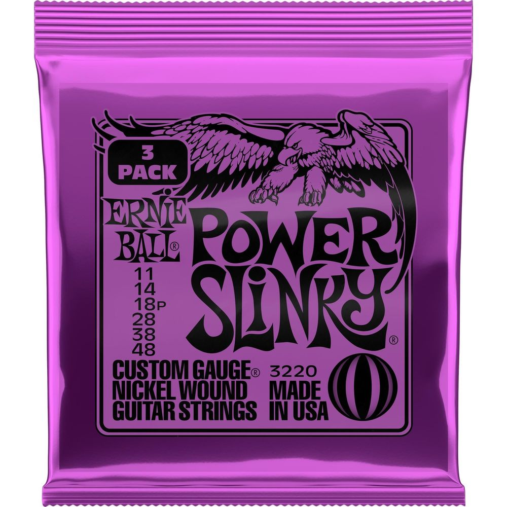 Lila Ernie Ball Power Slinky Gitarrensaitenpackung mit Adler und Größenangaben.