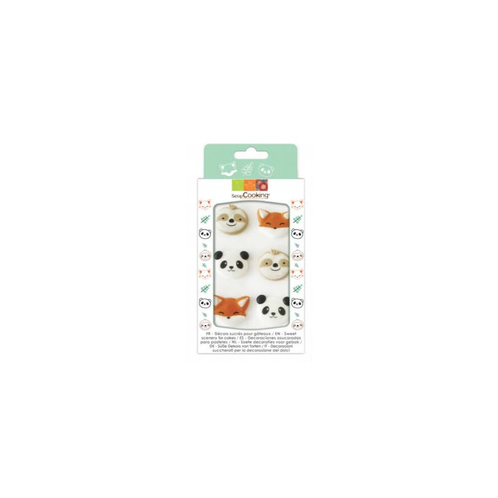 Verpackung mit sechs Tortenauflegern: Pandas, Füchse und Faultiere.