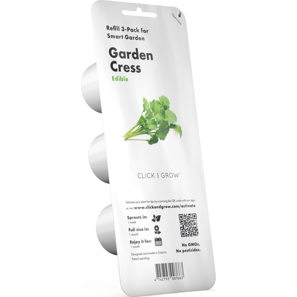 Click & Grow Gartenkresse Nachfüllpackung mit Kressebild und Produktdetails.