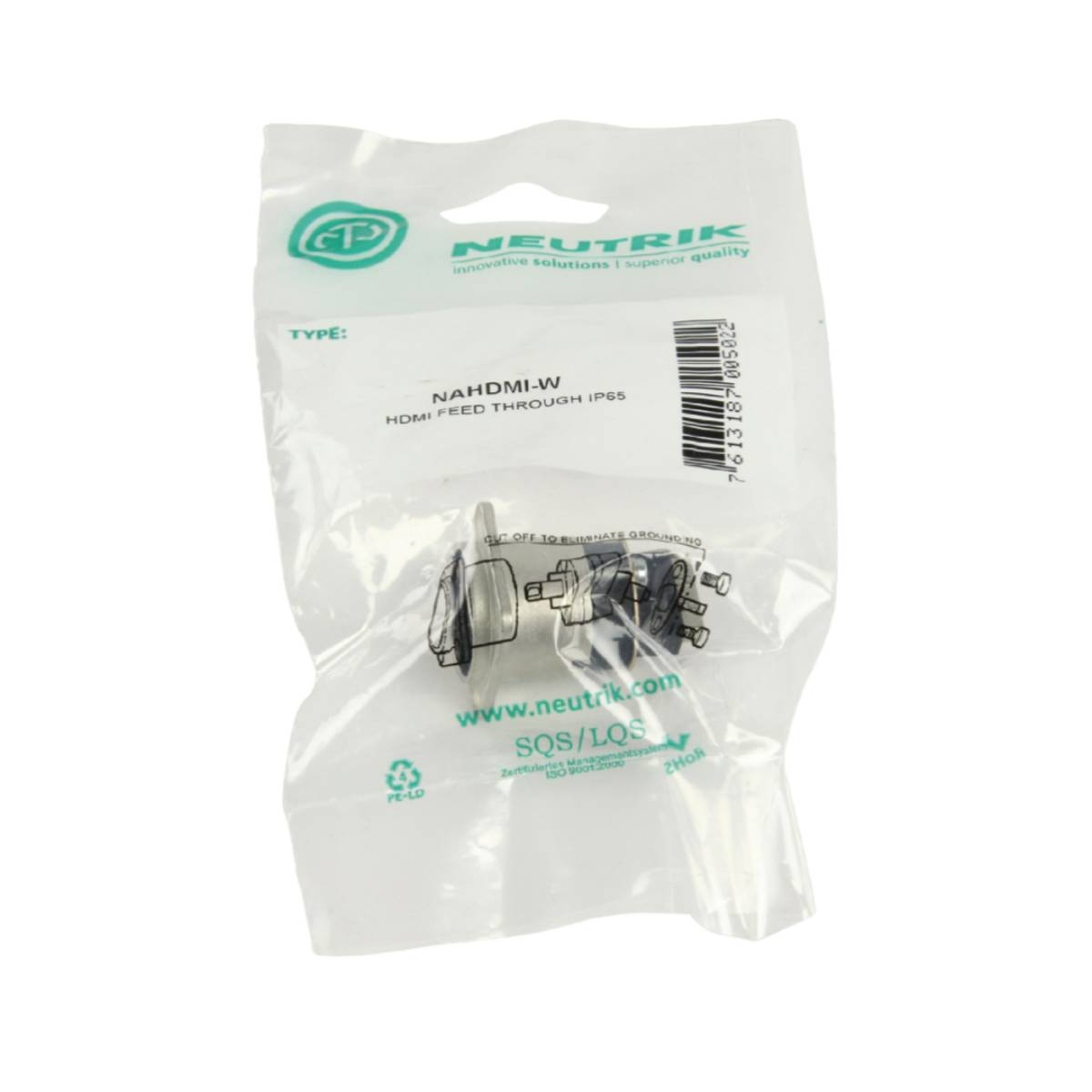 Connettore Neutrik NAHDMI-W HDMI feed-through IP65 confezionato, colore argento.