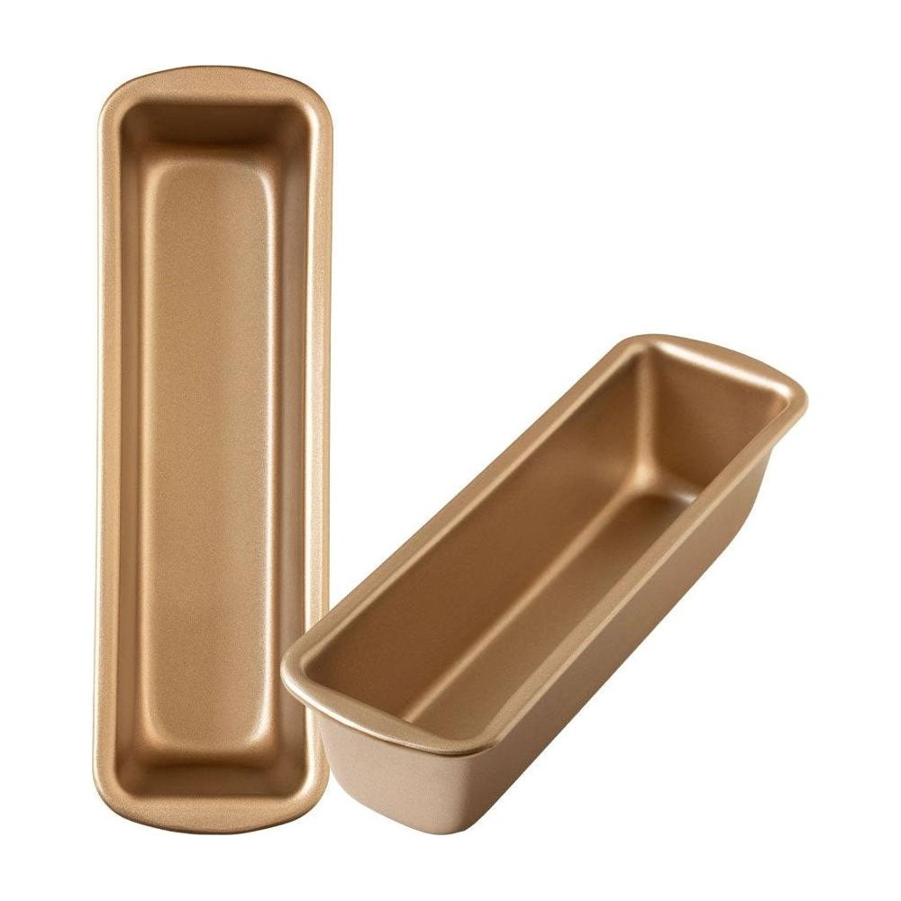 Zwei goldene Backformen für Brot, eine vertikal, die andere schräg.