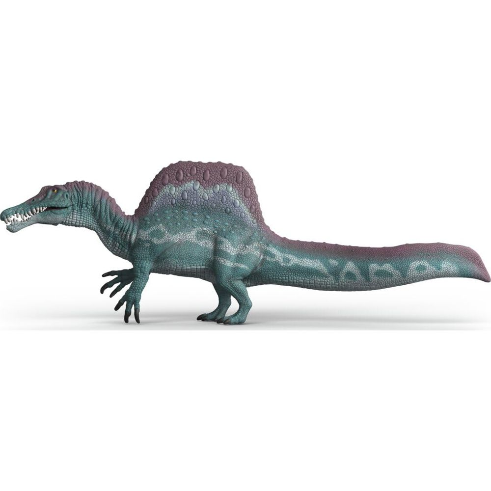Ein grüner und lila Spinosaurus-Dinosaurier Spielzeug mit großem Segel.