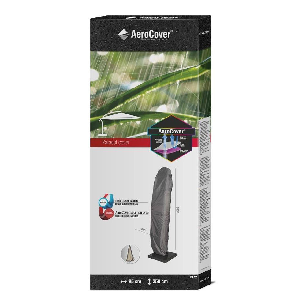 Verpackung für einen AeroCover Sonnenschirmbezug. Grauer Bezug liegend, Maße 85x250cm.