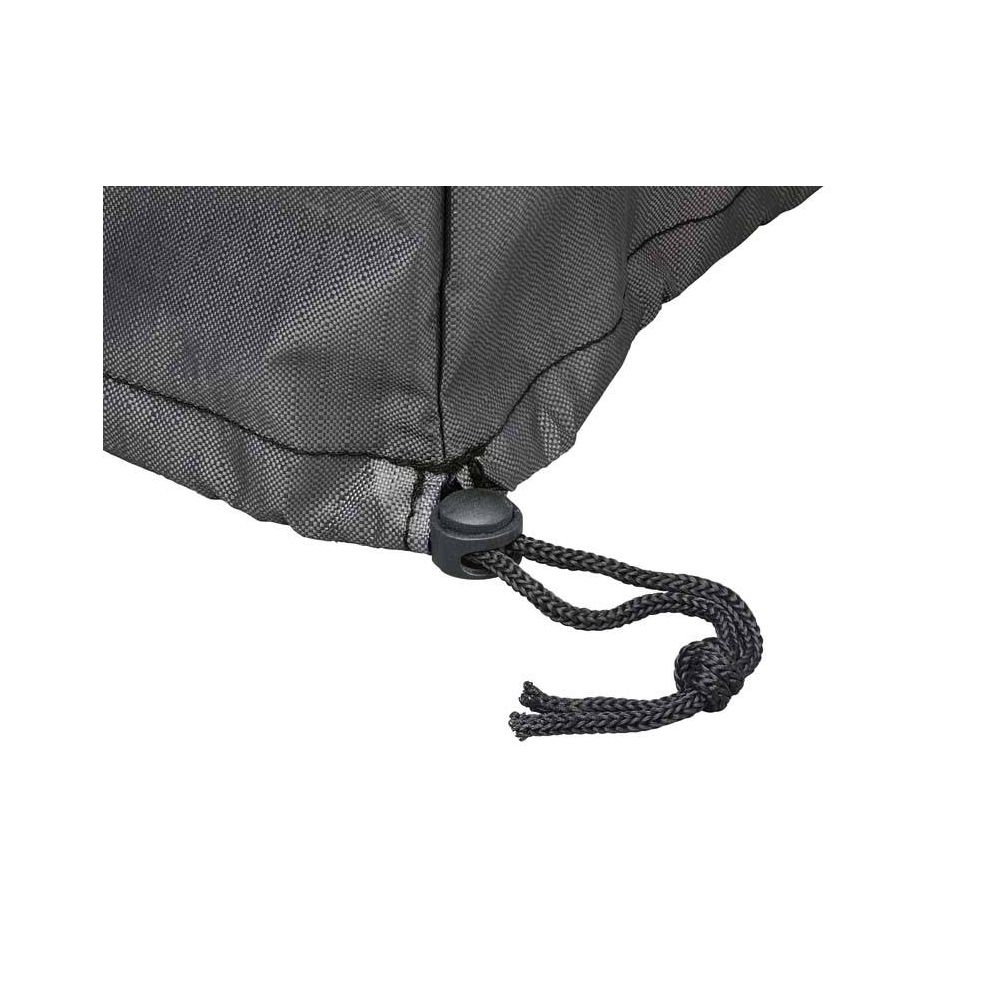 Grauer Stoff mit Kordelzug und Stopper. Nahaufnahme.
