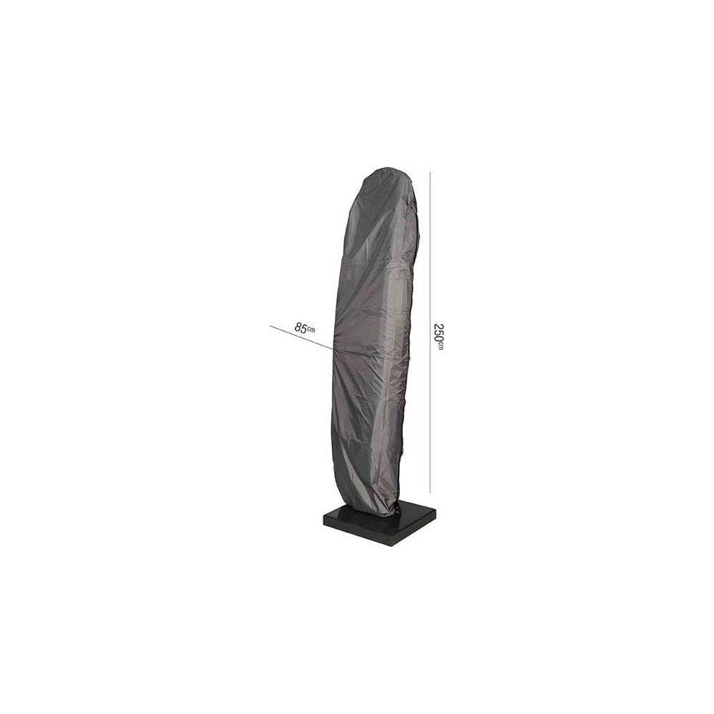 Grauer Schutzbezug für Sonnenschirm, 250 cm hoch, 85 cm breit, auf schwarzem Sockel.