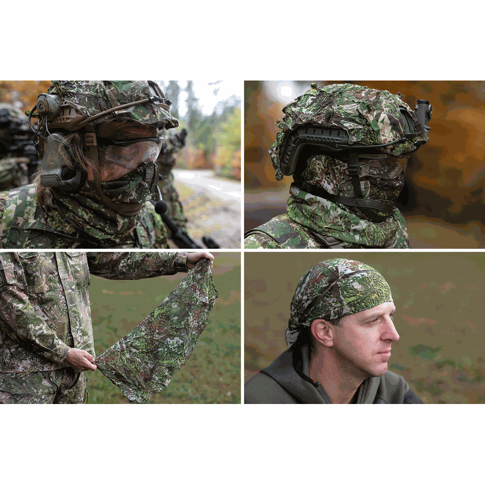 Vier Bilder: Tarnkleidung, Helm, Gesichtsmaske, Schal und Tuch.