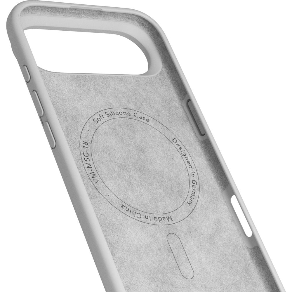 Graue Silikonhülle mit Text: Soft Silicone Case, VM-MSC-18, Made in China, Designed in Germany.