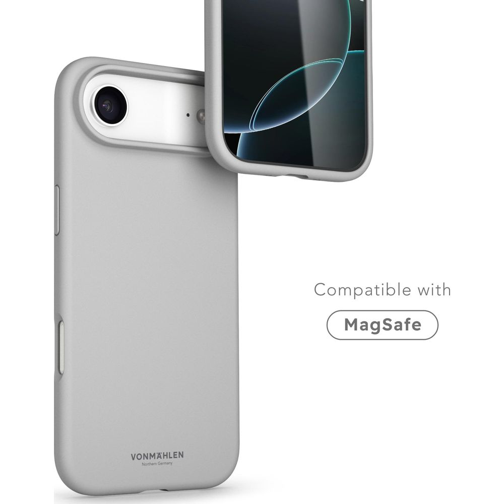 Graue Handyhülle mit MagSafe-Kompatibilität und Kameraausschnitt.