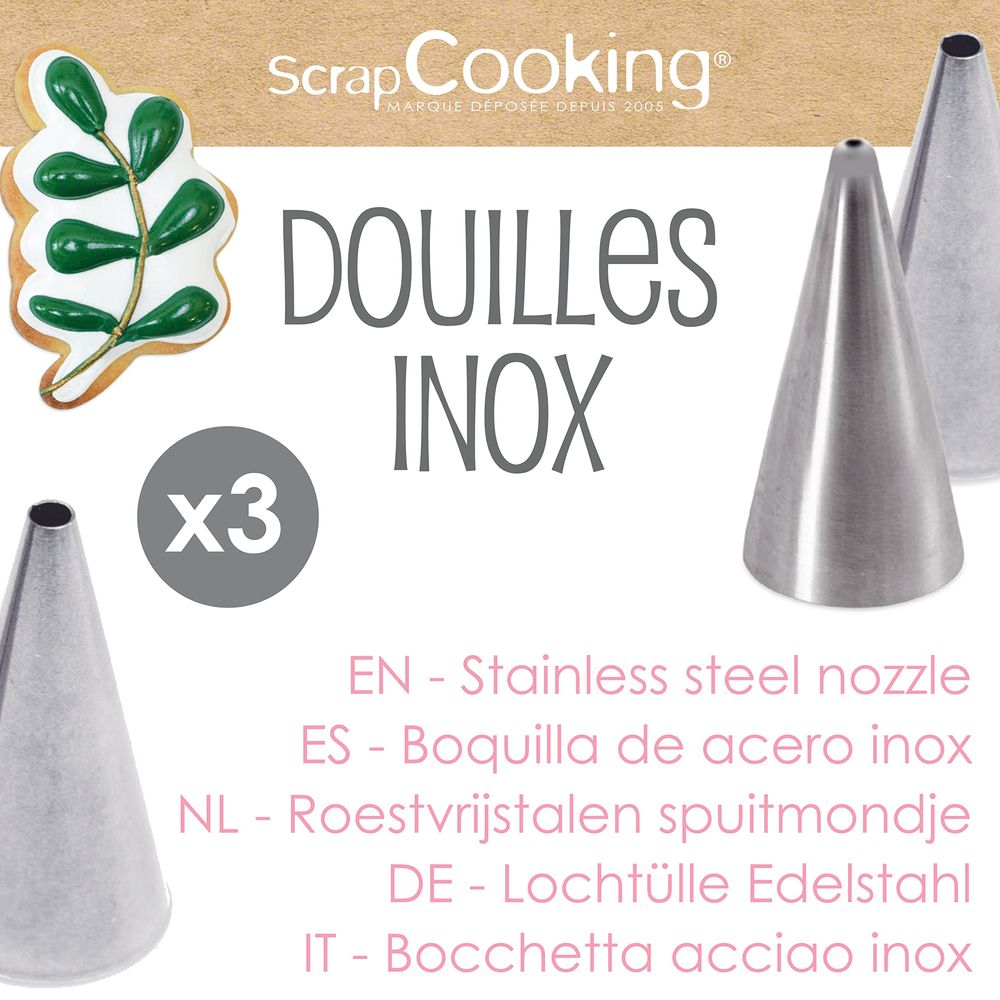 Drei Edelstahl-Spritzbeutel-Tüllen von Scrap Cooking auf einem Hintergrund.