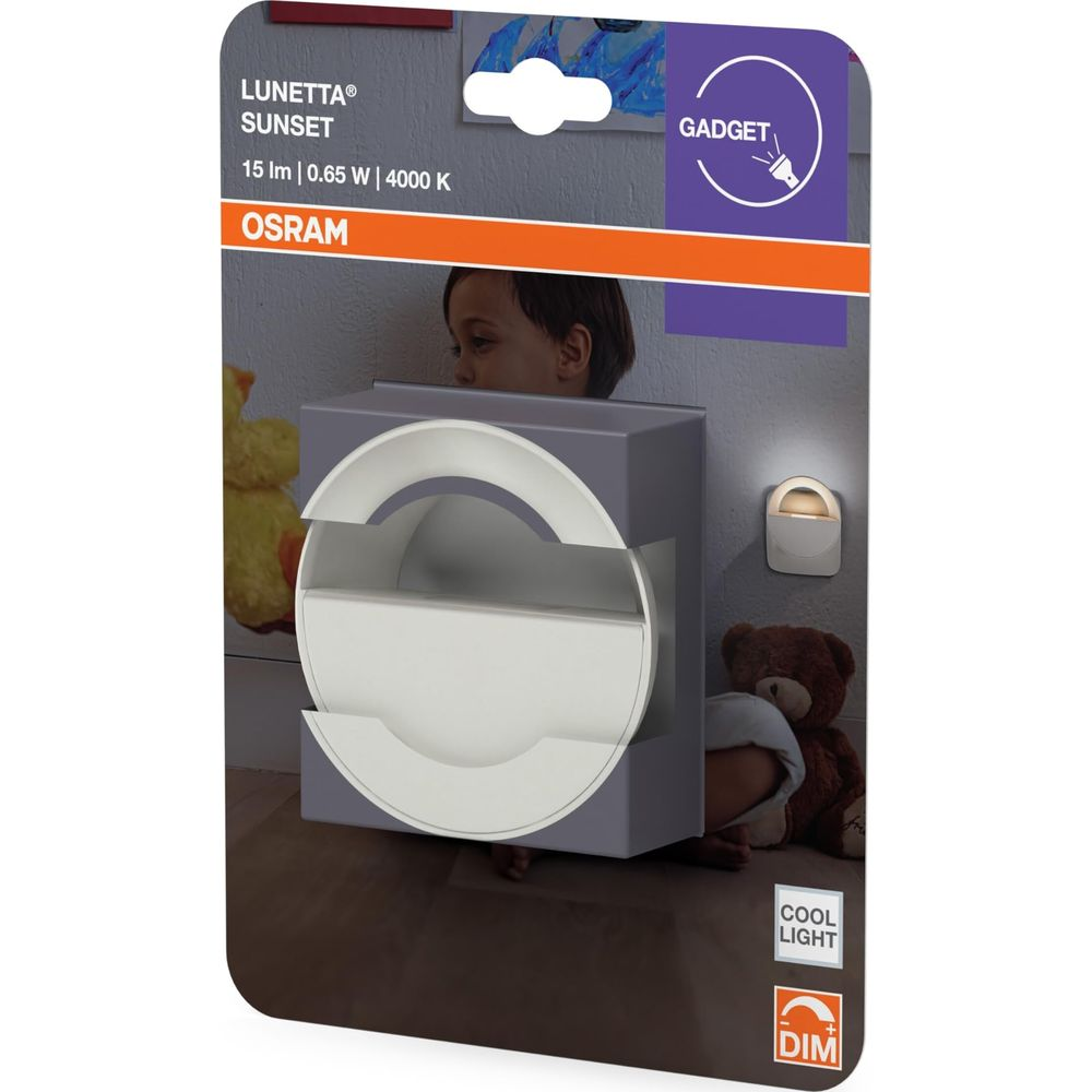 Osram Lunetta Sunset Nachtlicht auf Verpackung, mit Teddybär und Kind.