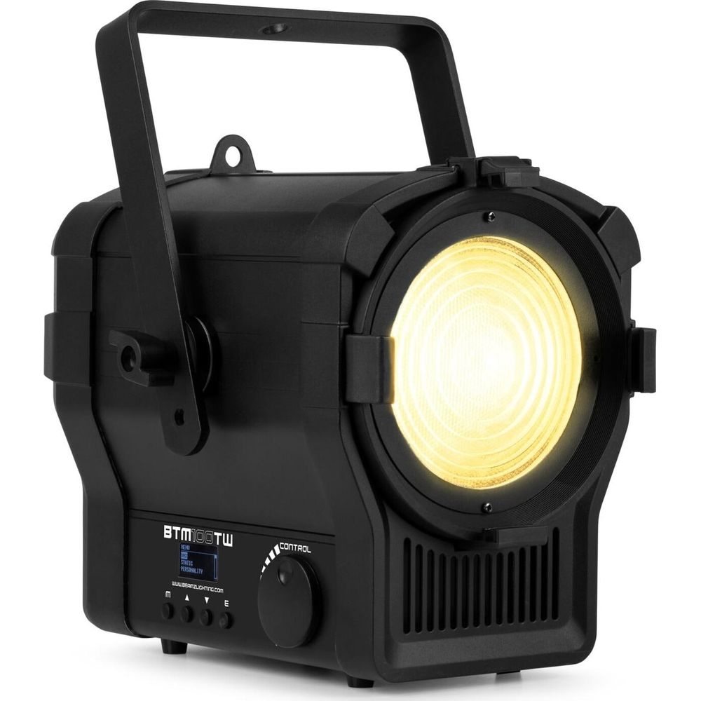 Un projecteur noir projetant une lumière jaune vive vers l'avant, avec poignée.