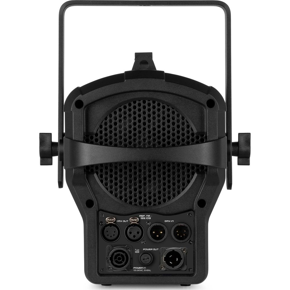 Arrière d'un projecteur noir avec connecteurs DMX et d'alimentation.