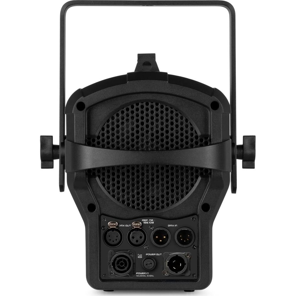 Arrière d'un projecteur noir avec connexions : 2x DMX Out, 1x DMX In, Power Out, Power In.