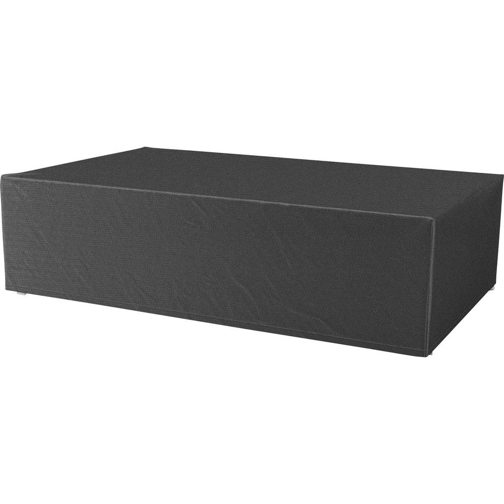 Ein rechteckiger, grauer Bezug für Gartenmöbel, der eine Couch abdeckt.
