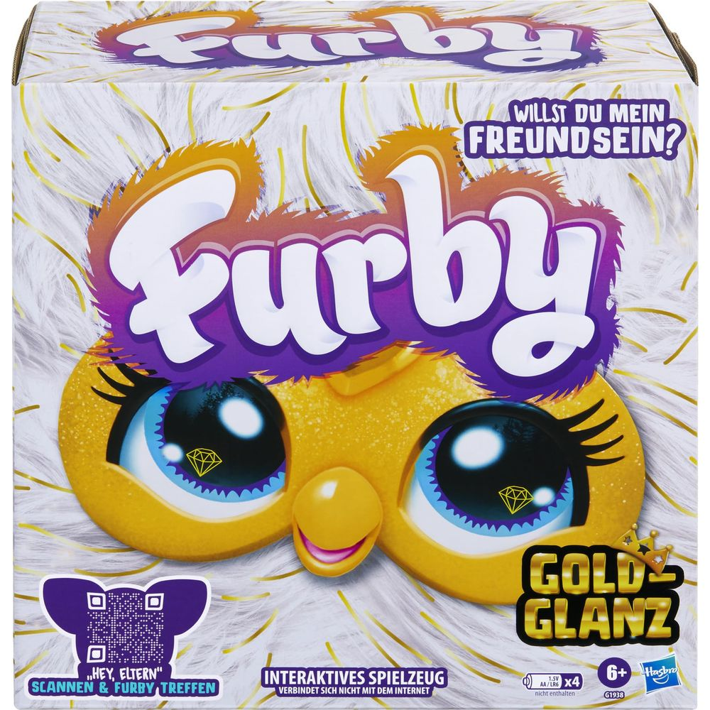 Furby Spielzeugbox mit großem Furby-Gesicht, Glitzer und Text.