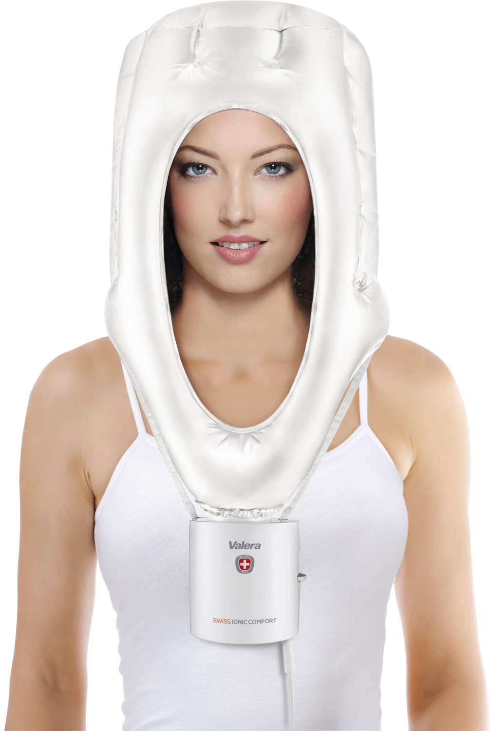 Frau mit weißer Haube und Gerät am Hals.