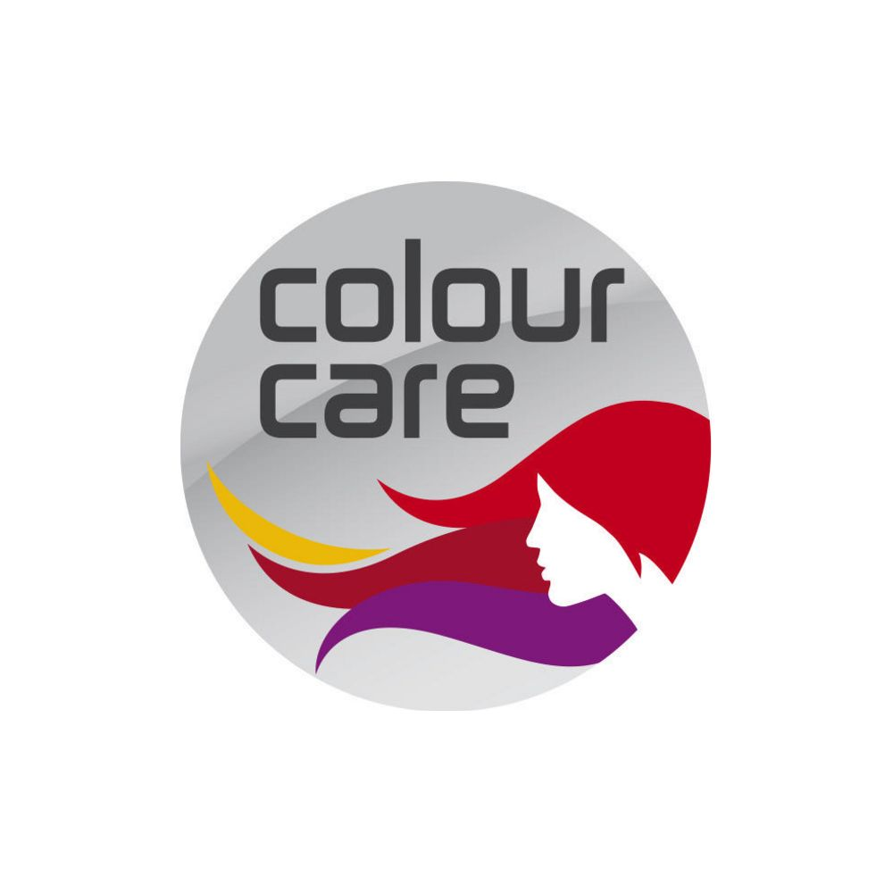 Logo mit stilisiertem Frauenprofil und bunten Haaren. Text: colour care.